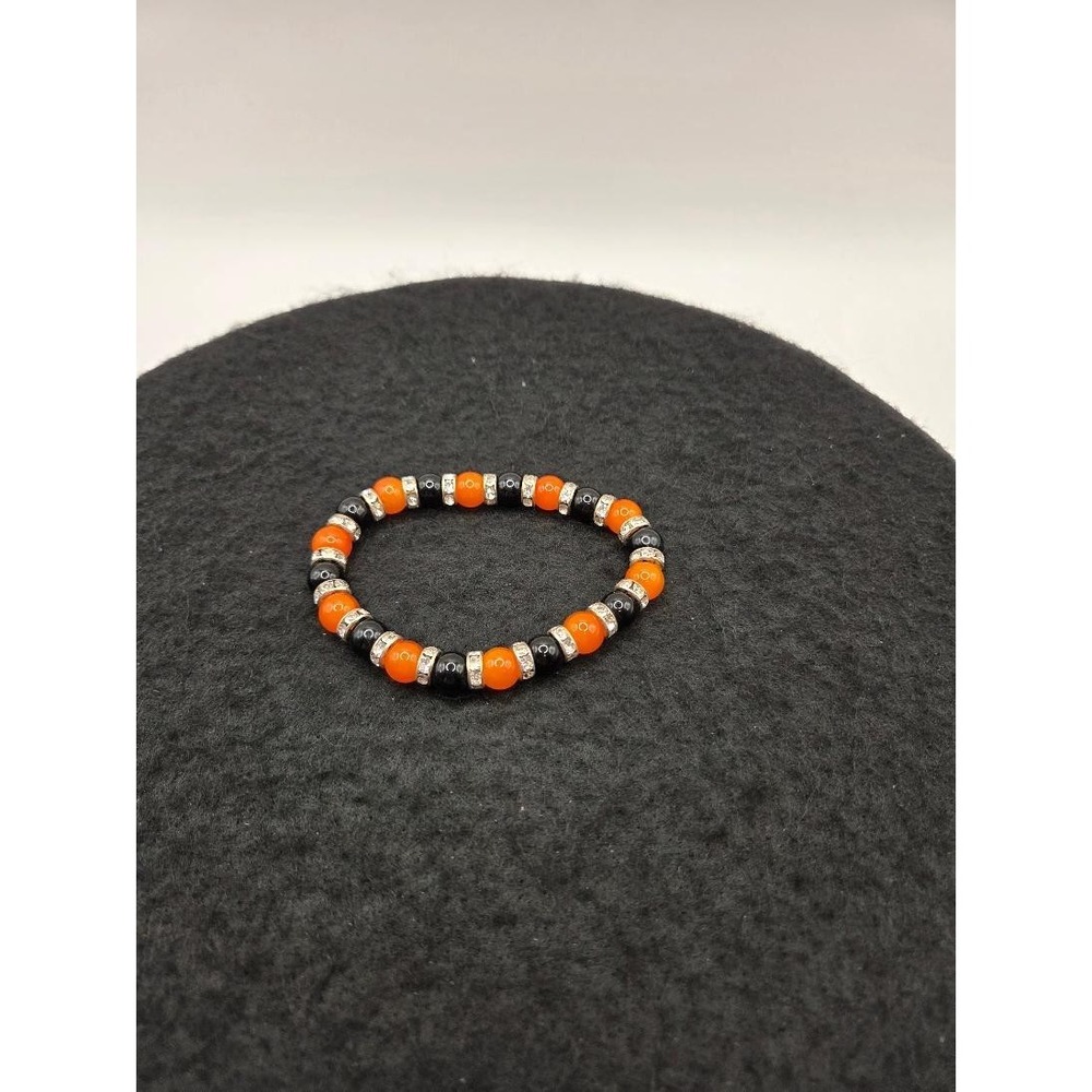 Halloween Orange Black Beaded Stretch Bracelet Sparkly Rhinestone Spacers 6.5"